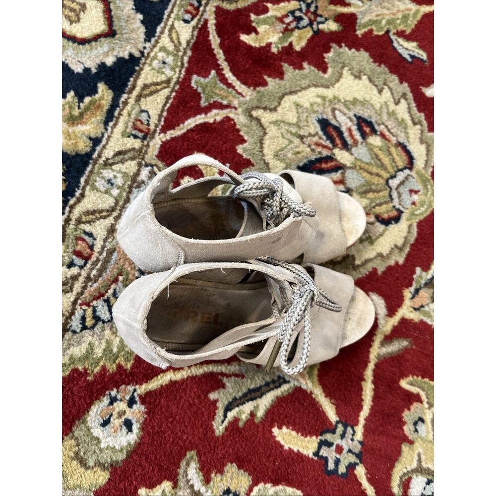 Sorel Joanie II Wedge Sz 9 EU 40 Sandals Heel Lace Up Tie Taupe Leather Strappy - Picture 6 of 14